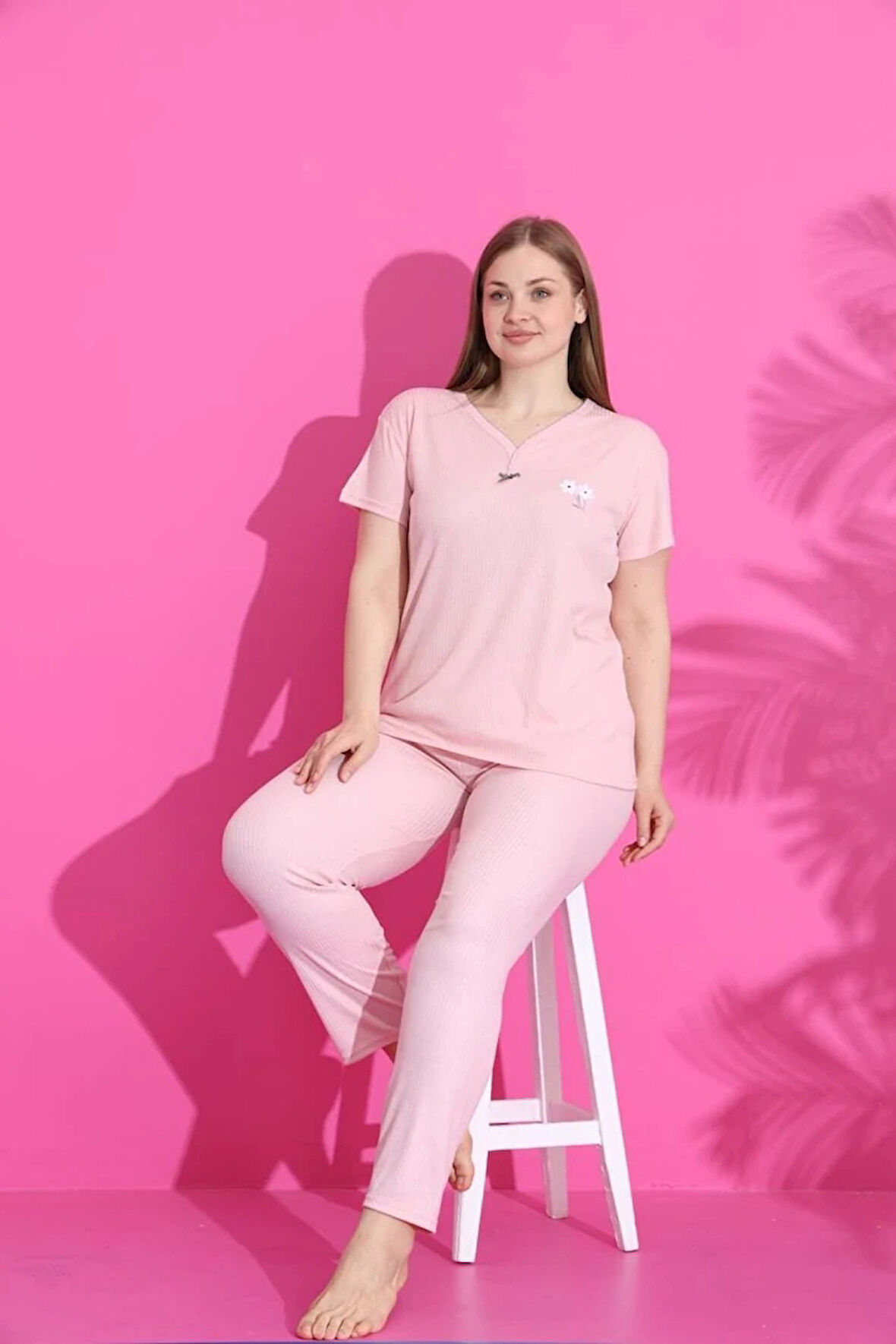 MLALE Pudra Fitilli İnce Raporlu Kumaş Kısa Kollu Kadın Pijama Takımı 2026-P