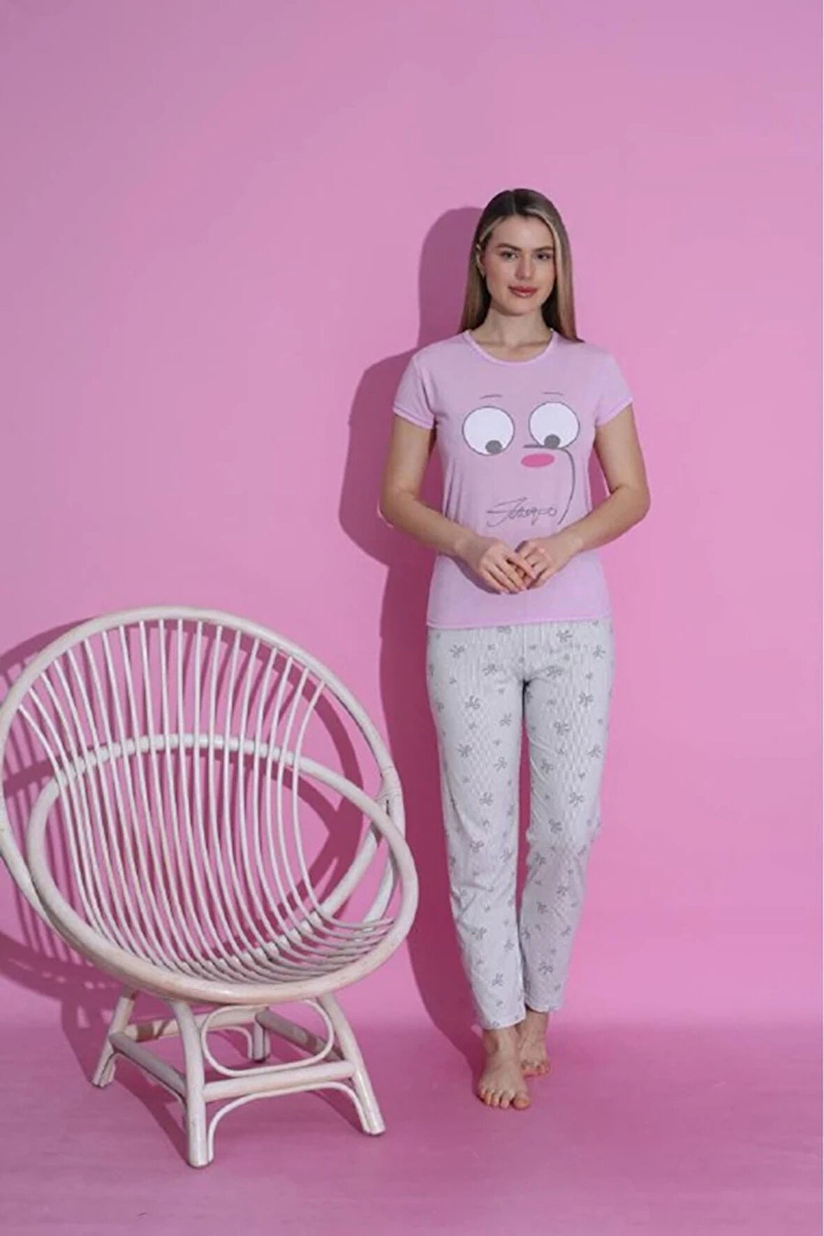 MLALE Ayıcık Desenli Suprem Kumaş Kısa Kollu Bayan Pijama Takımı 3379-P