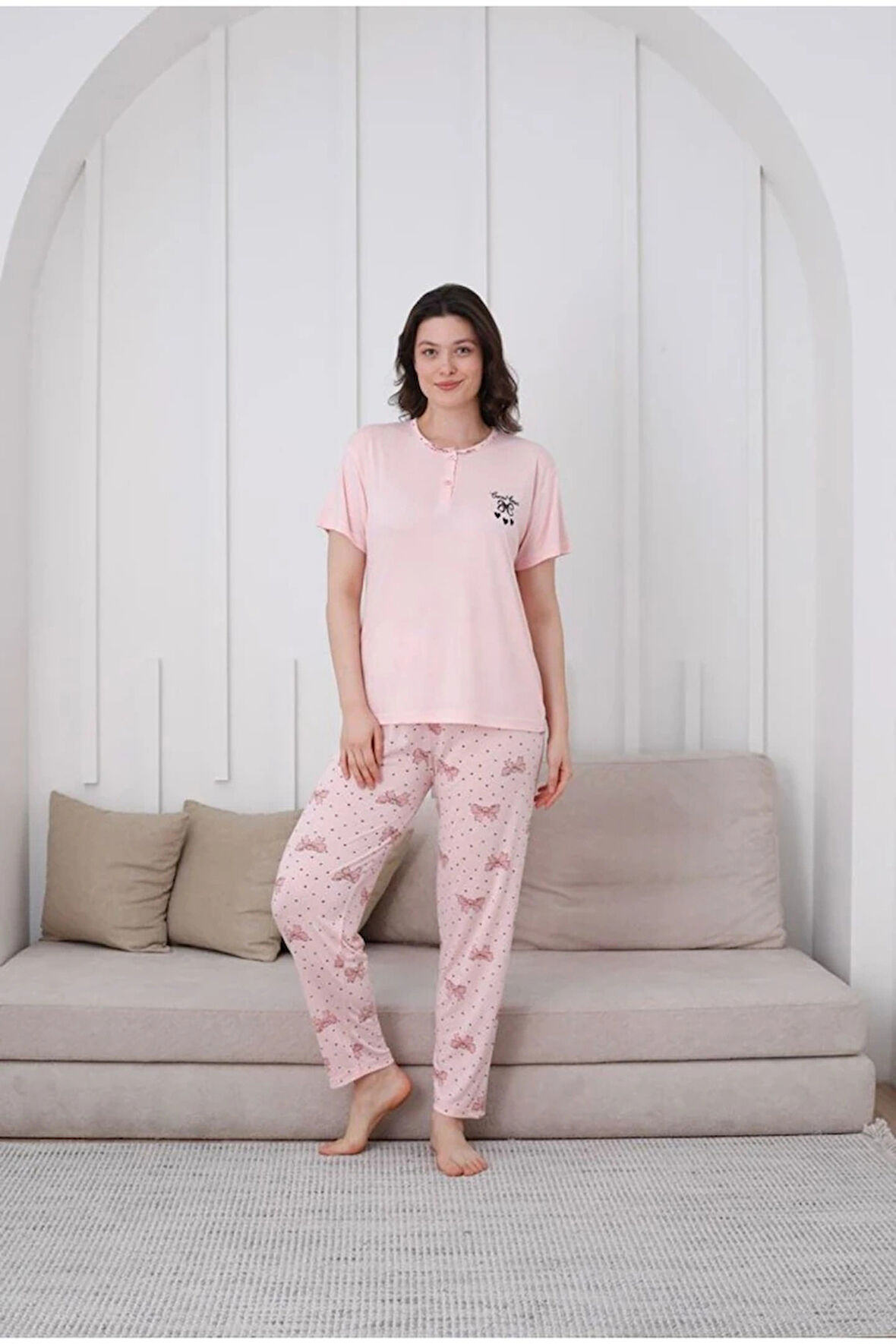 GLİSA Pudra Önden 2 Düğmeli Viskon Kumaş Kısa Kollu Kadın Pijama Takımı 5530-P