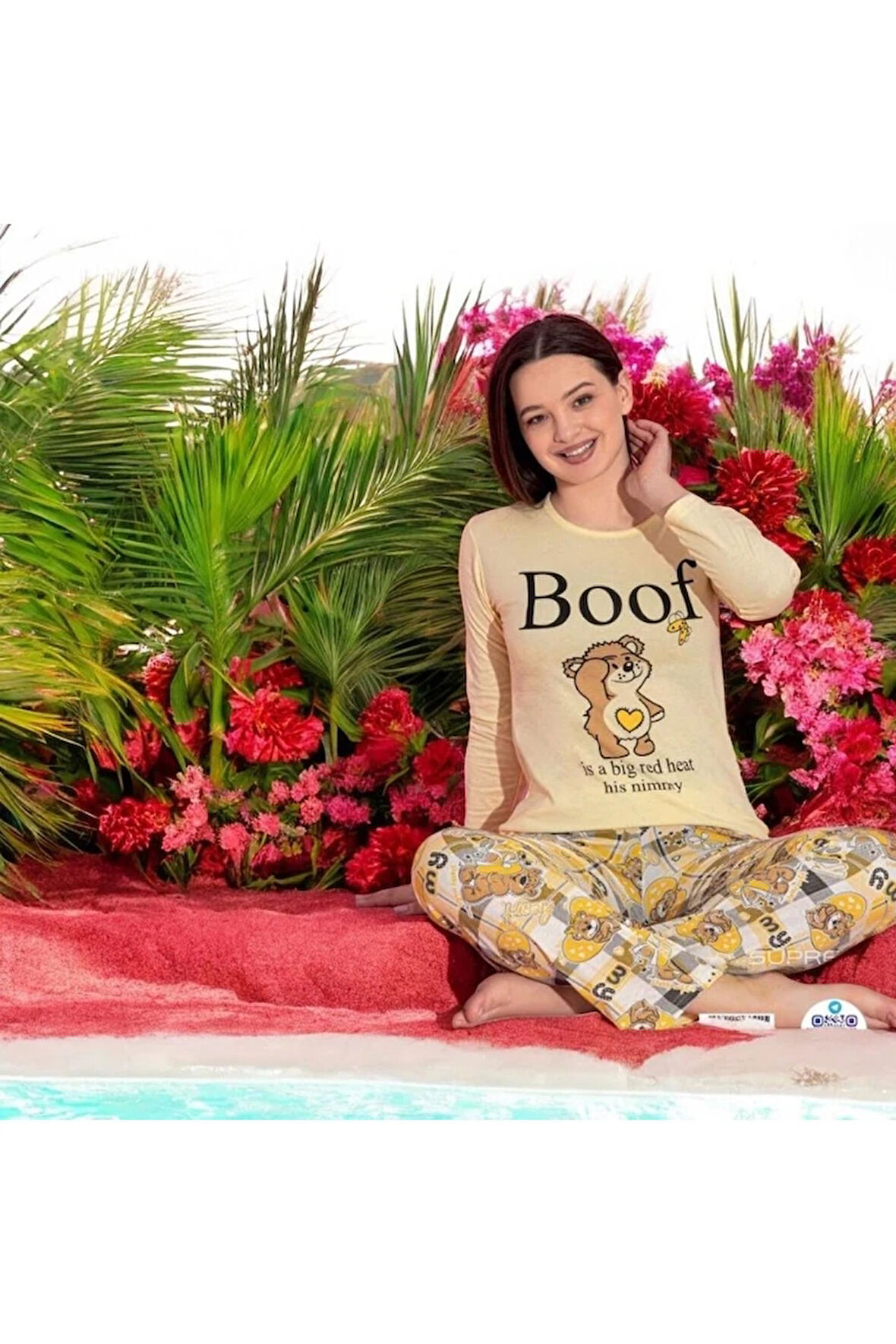MLALE Sarı Ayıcık Desenli Suprem Kumaş Uzun Kollu Bayan Pijama Takımı 1531-S