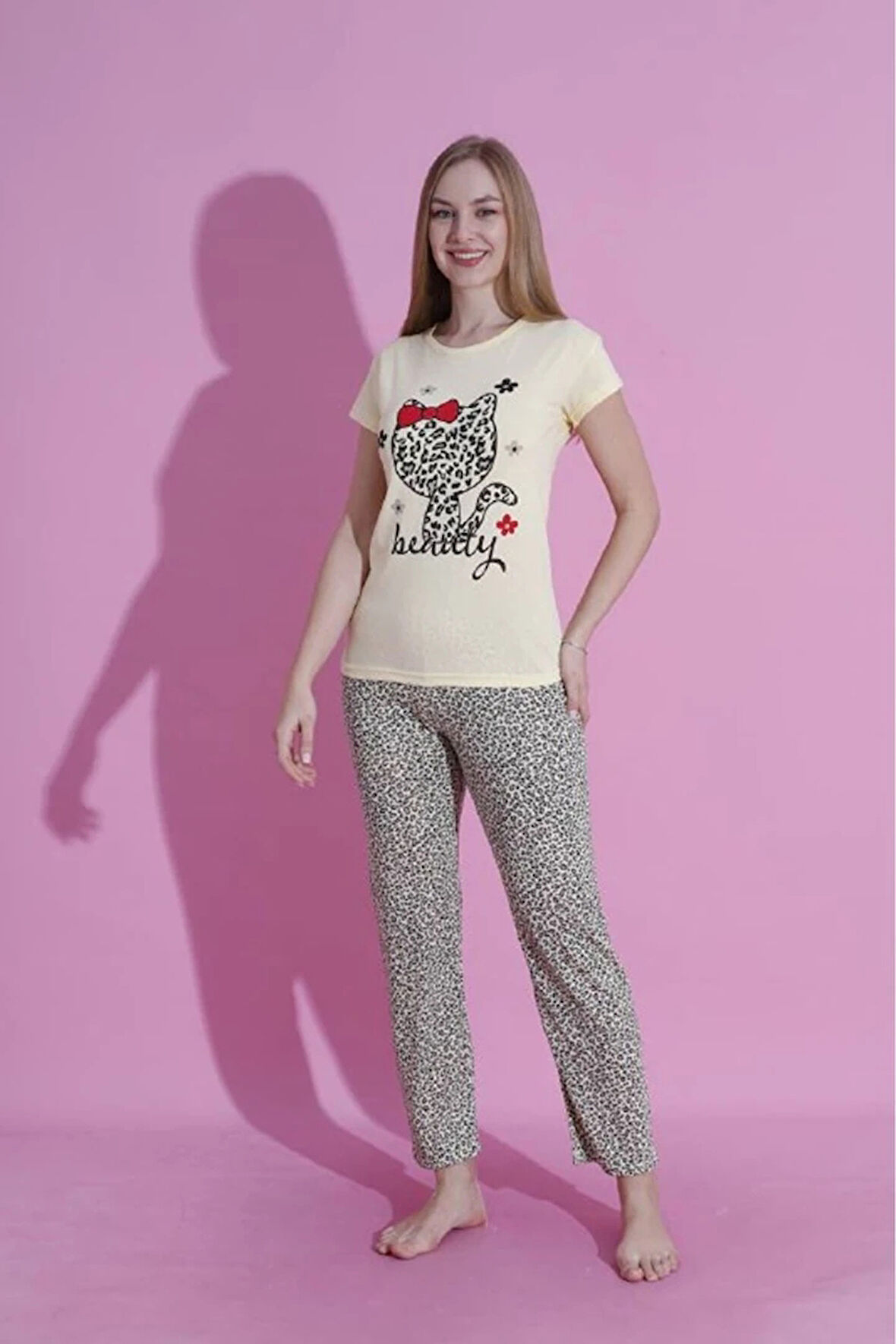 MLALE Kedicik Desenli Suprem Kumaş Kısa Kollu Kadın Pijama Takımı 3443-S