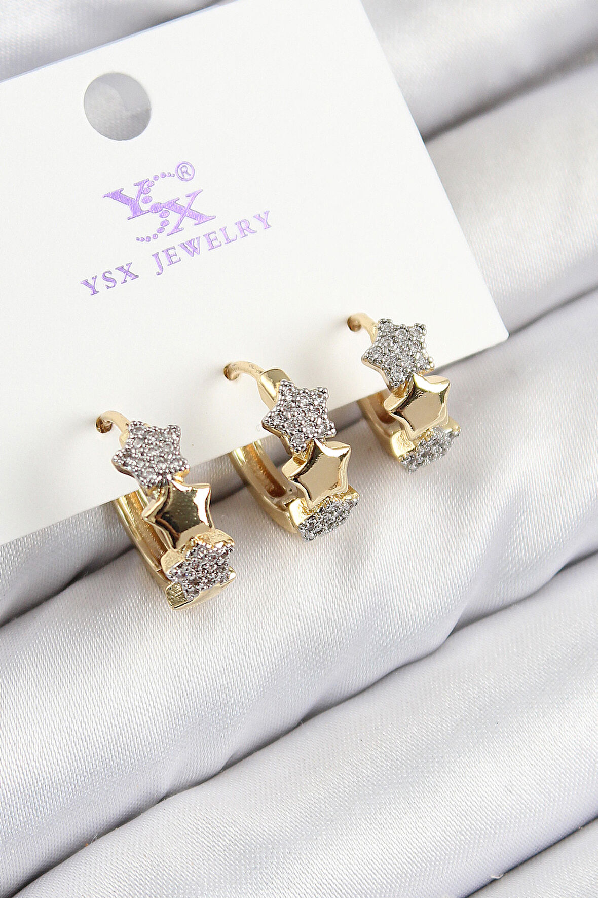 Pirinç Zirkon Taşlı 3'lü Halka Yıldız Model Gold Ve Gümüş Renk Kadın Küpe