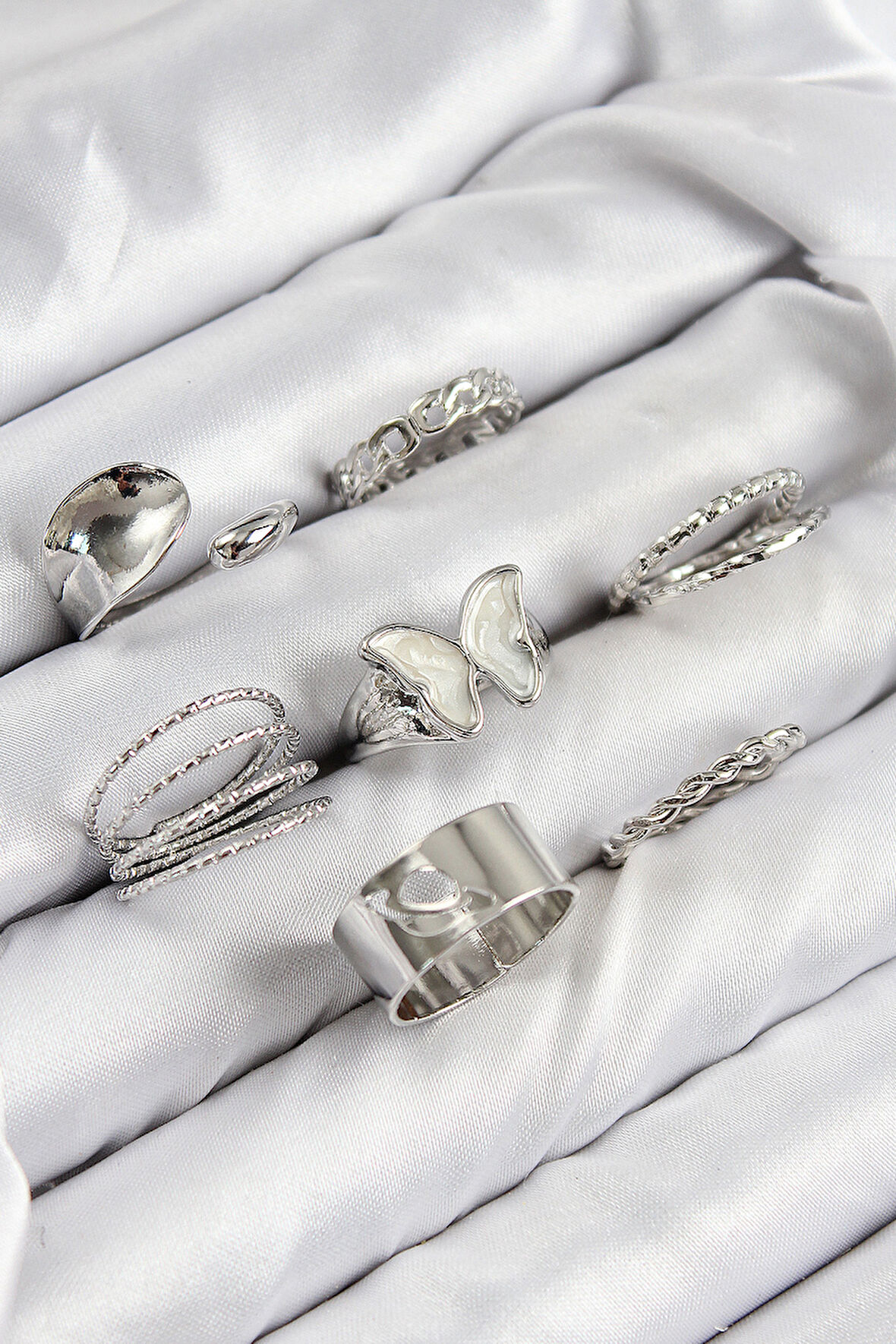 Pirinç Kelebek Model Gümüş Renk Kadın Yüzük Kombin Set