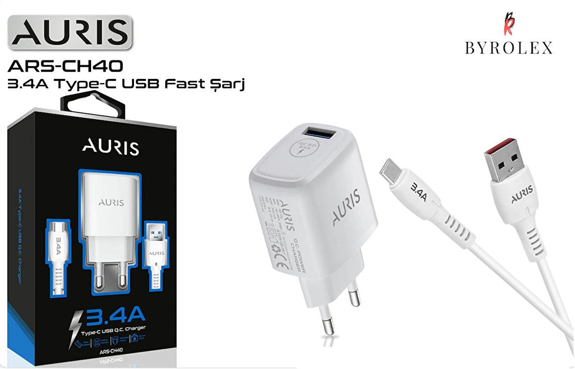 AURIS EV TİPİ 3.4A USB / TYPE-C BEYAZ HIZLI ŞARJ CİHAZI TAKIMI