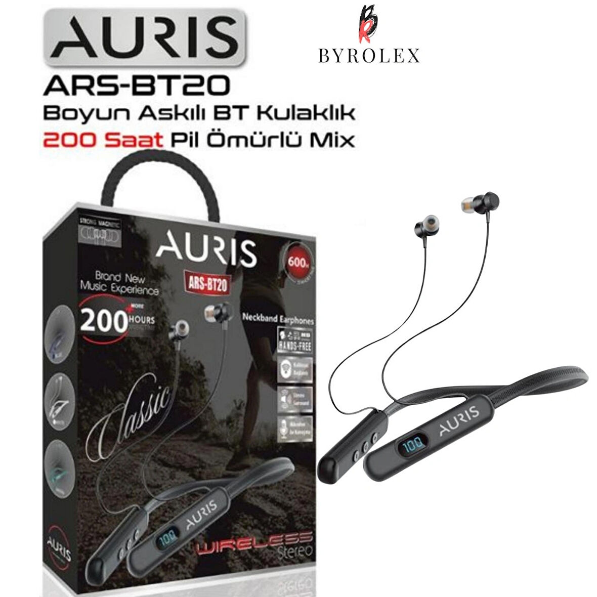 AURIS KULAK İÇİ BOYUN BANTLI 200 SAAT PİL ÖMÜRLÜ LCD EKRANLI KABLOSUZ (BLUETOOTH) KULAKLIK