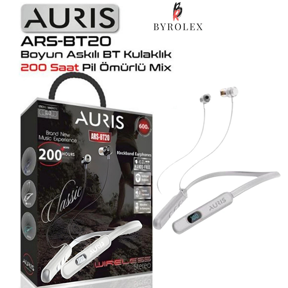 AURIS KULAK İÇİ BOYUN BANTLI 200 SAAT PİL ÖMÜRLÜ LCD EKRANLI KABLOSUZ (BLUETOOTH) KULAKLIK