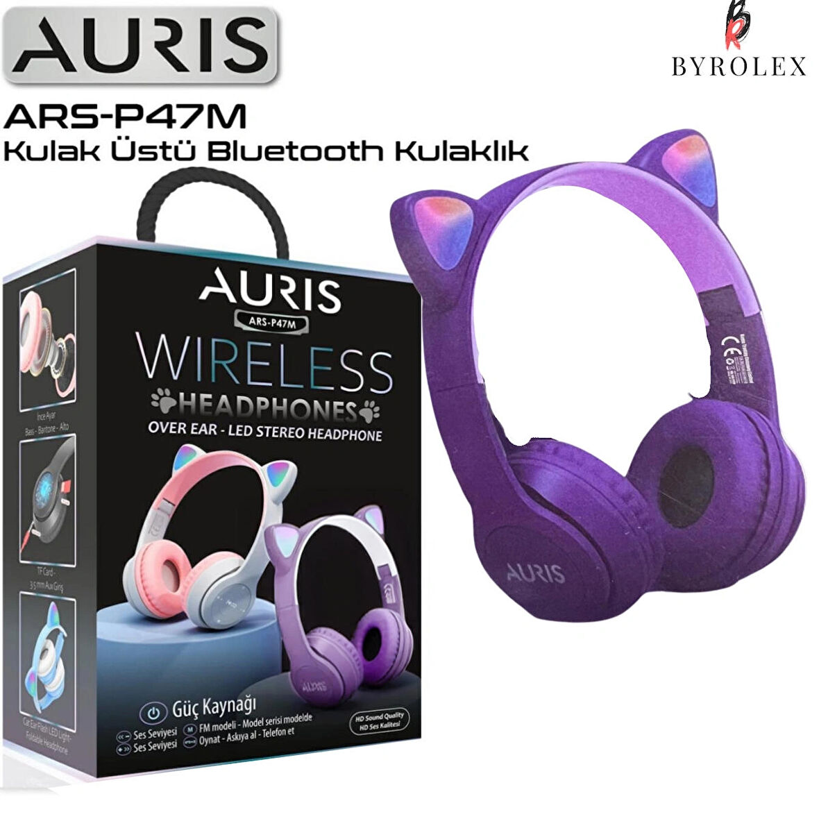 AURIS KATLANAN LED KEDİ KULAK MOTİVİ MİKRO SD KART GİRİŞ 3,5 mm AUX GİRİŞ KULAK ÜSTÜ BLUETOOTH KULAKLIK