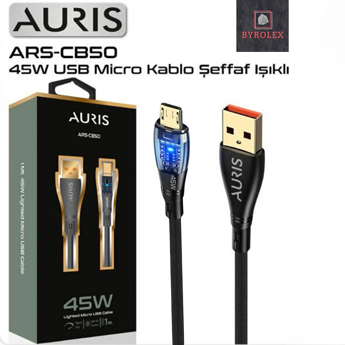 AURIS 45W USB / MİCRO ŞEFAF IŞIKLI ŞARJ VE DATA KABLOSU