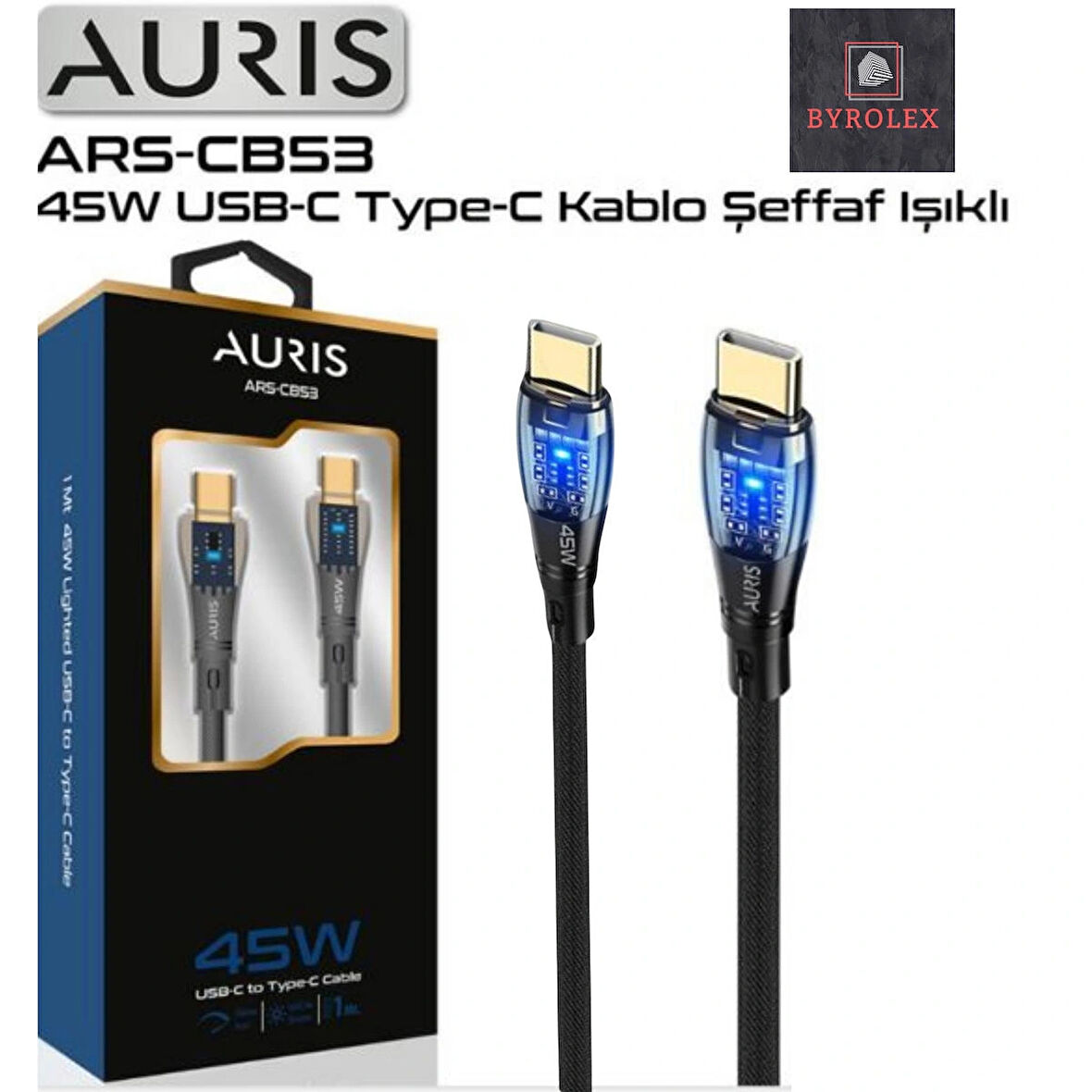 45W USB-C / TYPE-C ŞEFAF IŞIKLI ŞARJ VE DATA KABLOSU