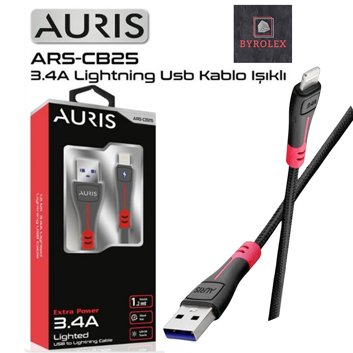 AURIS 3.4A  USB / LİGHTİNG ( İPHONE ) YÜKSEK HIZLI LED IŞIKLI ŞARJ VE DATA KABLOSU