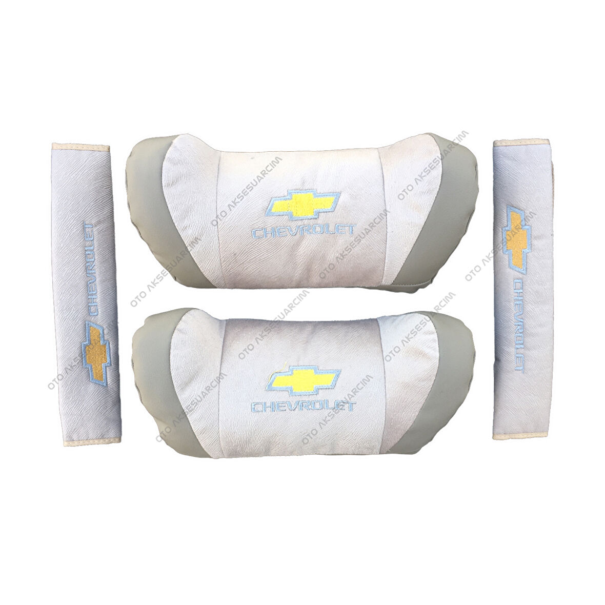Chevrolet Nakışlı Deri Araç Boyun Yastığı Seti Bej