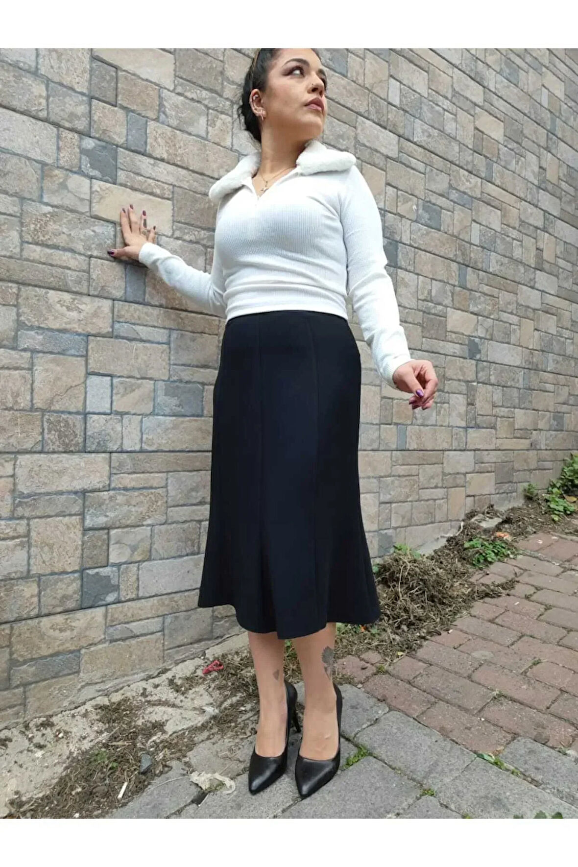 Kısa Büyük Beden Yarım Kloş Astarlı 8 Parçalı Portoriko Kumas Etek