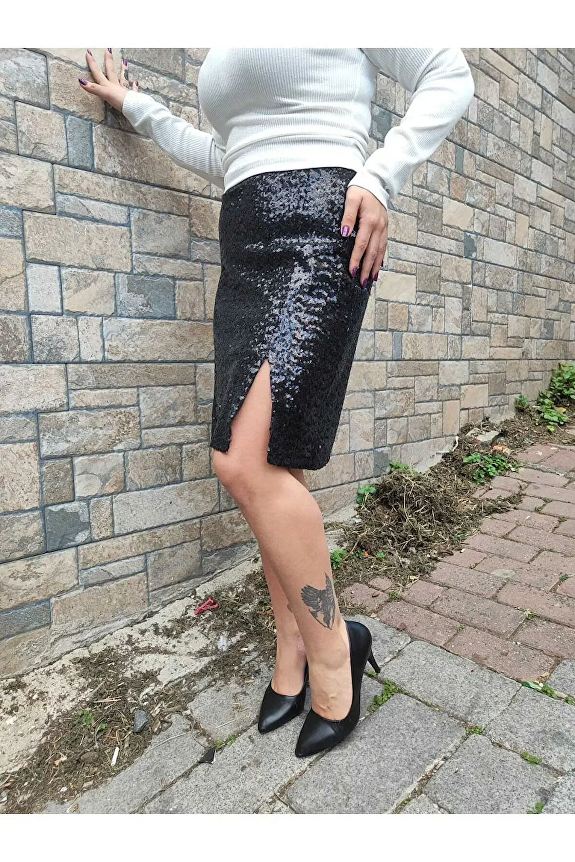 Kısa Diz Üstünden Yırtmaçlı Astarlı Ferrmuarlı Payet Etek