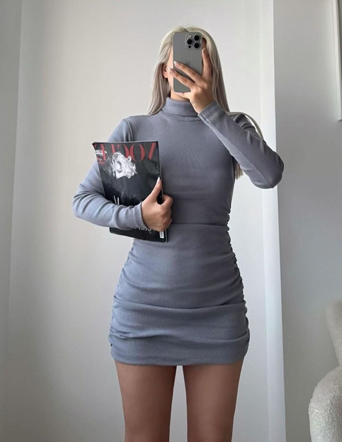 Kadın Uzun Kollu Balıkçı Yaka Büzgü Detay Kaşkorse Kumaş Mini Elbise