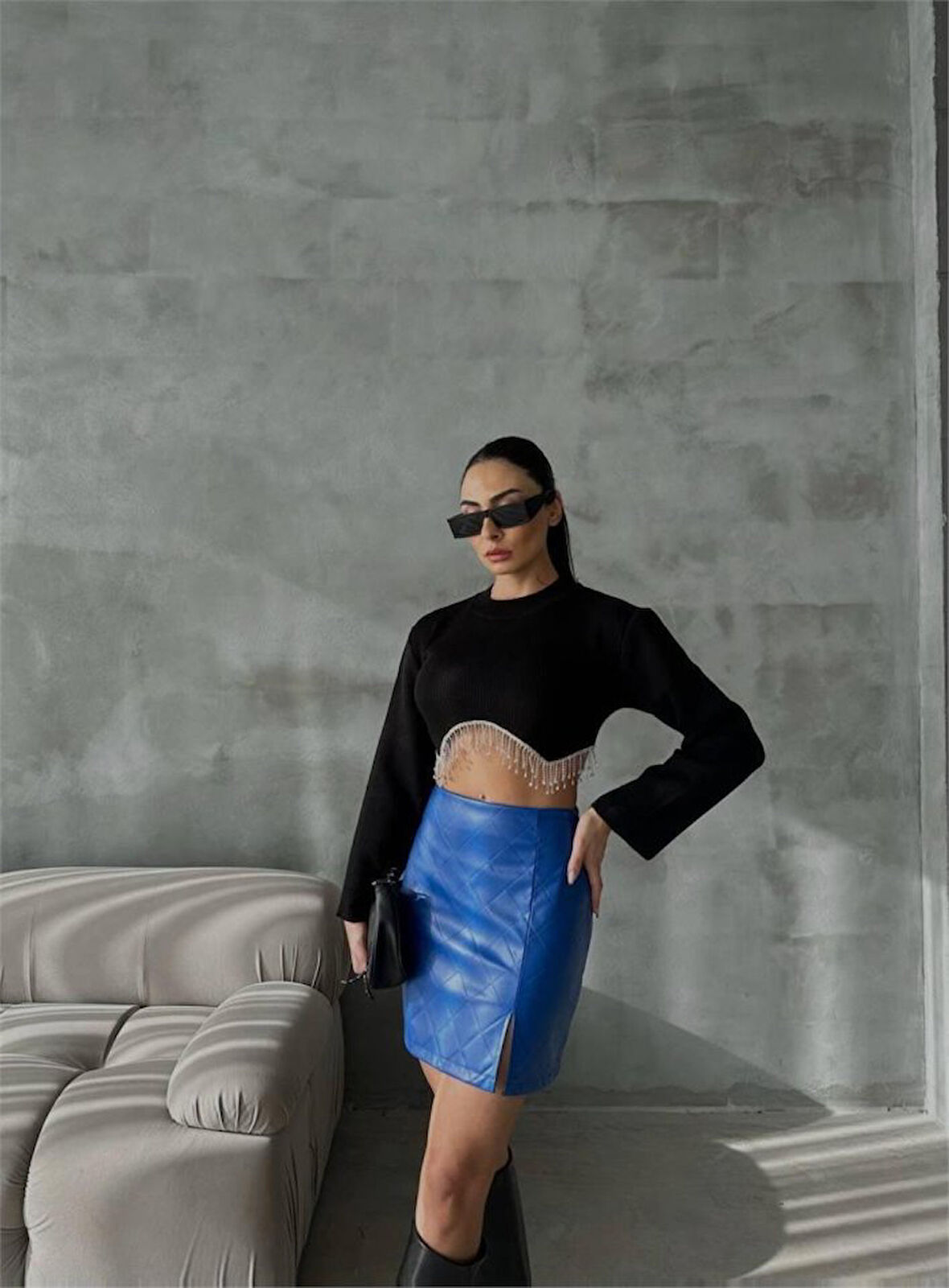 KAPİTONE DERİ ETEK YIRTMAÇLI - Saks