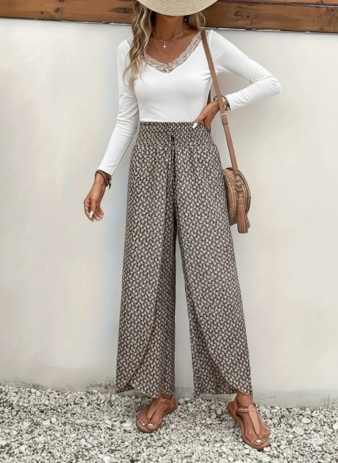 Kadın Yüksek Bel Lastikli önden Iki Parçalı Desenli Bürümcük Pantolon