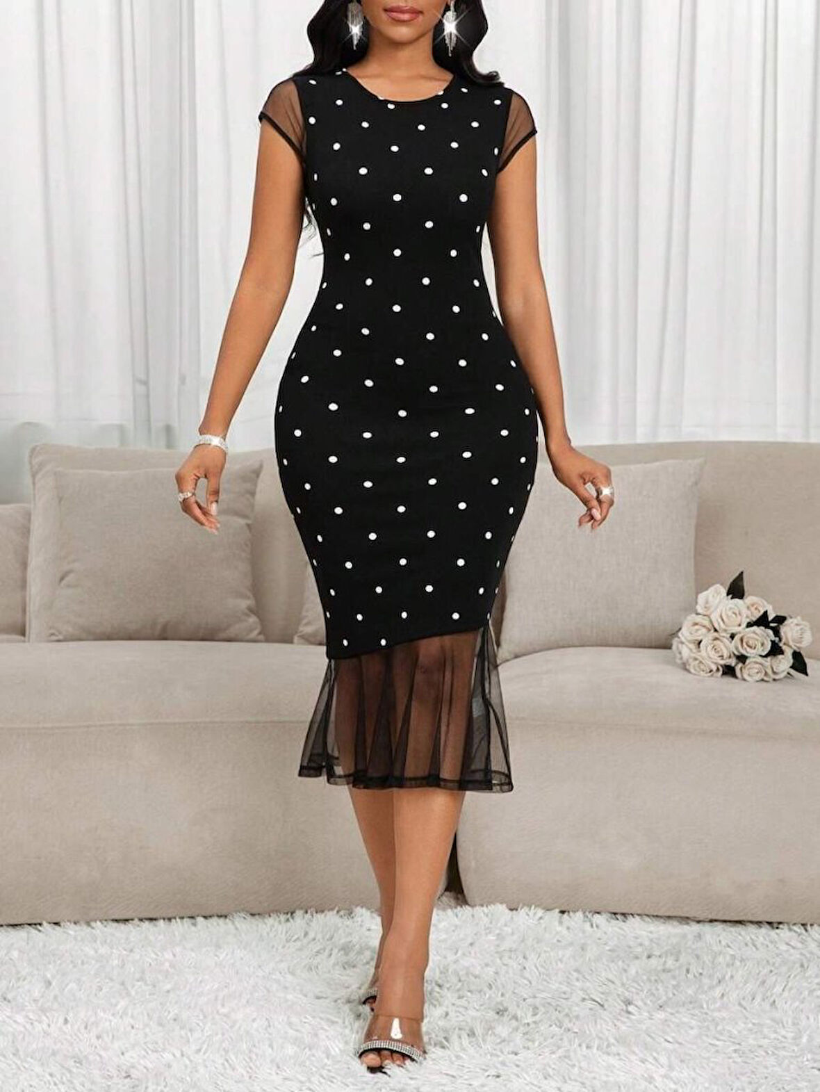 Kadın Kısa Kollu Bisiklet Yakalı Puantiyeli Tül Detaylı örme Krep Elbise