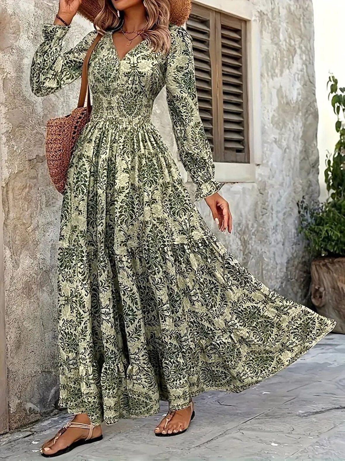 Kadın Uzun Kollu V Yakalı Desenli Süprem Elbise