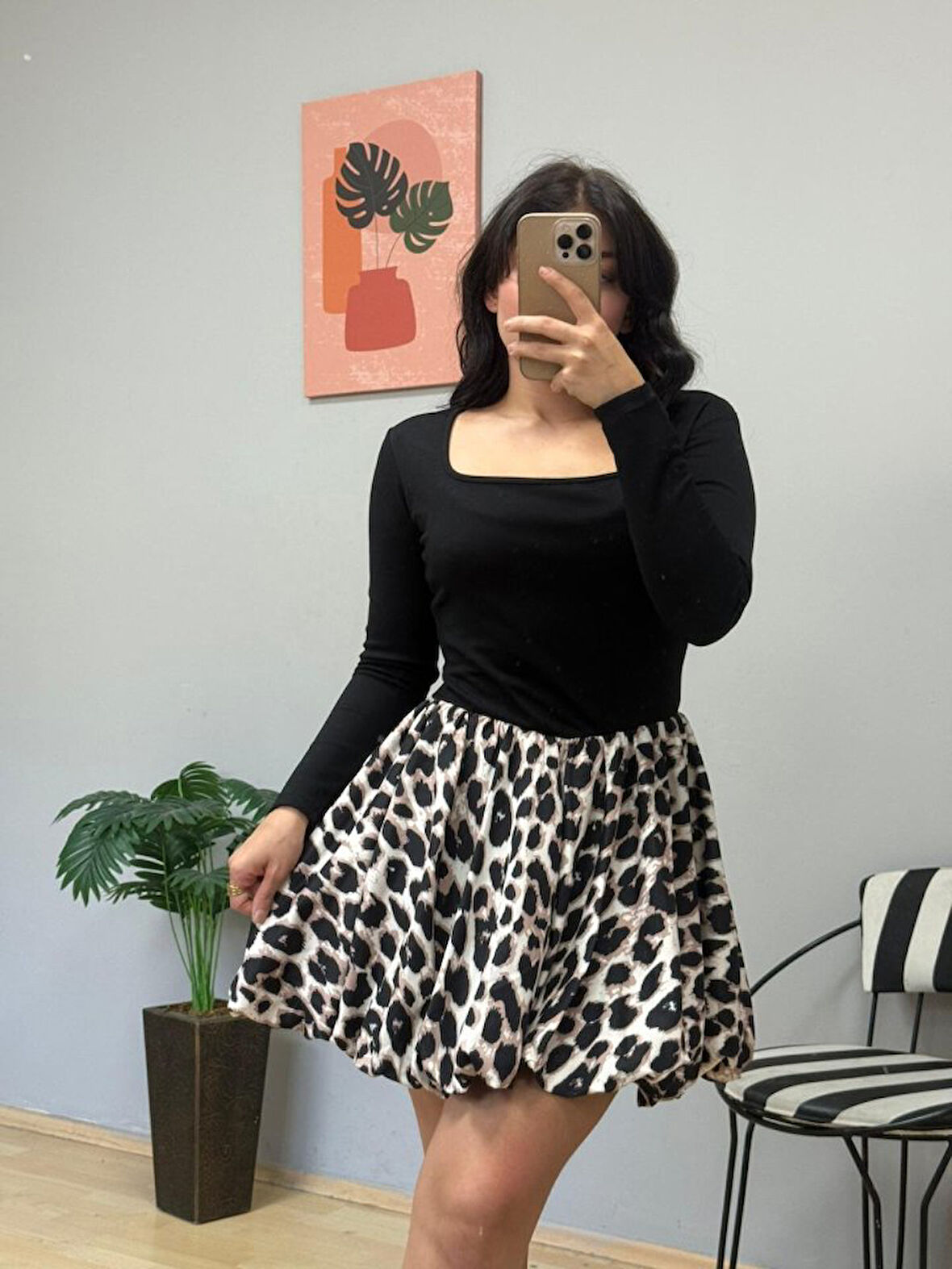 Kadın Uzun Kollu Kare Yaka Mini Balon Modal Elbise