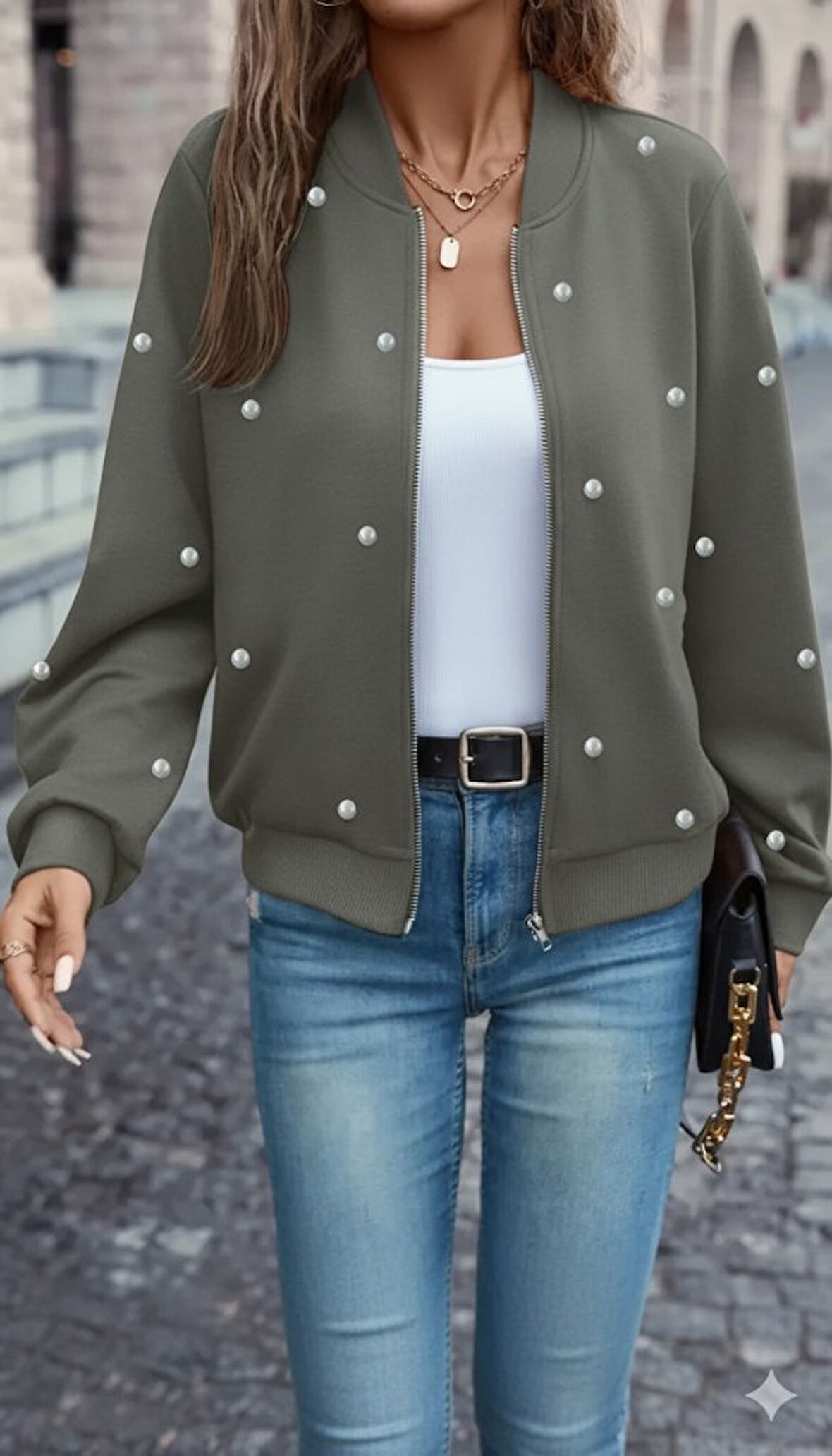 Kadın Uzun Kollu önden Fermuarlı Incili Kısa Modal Ceket