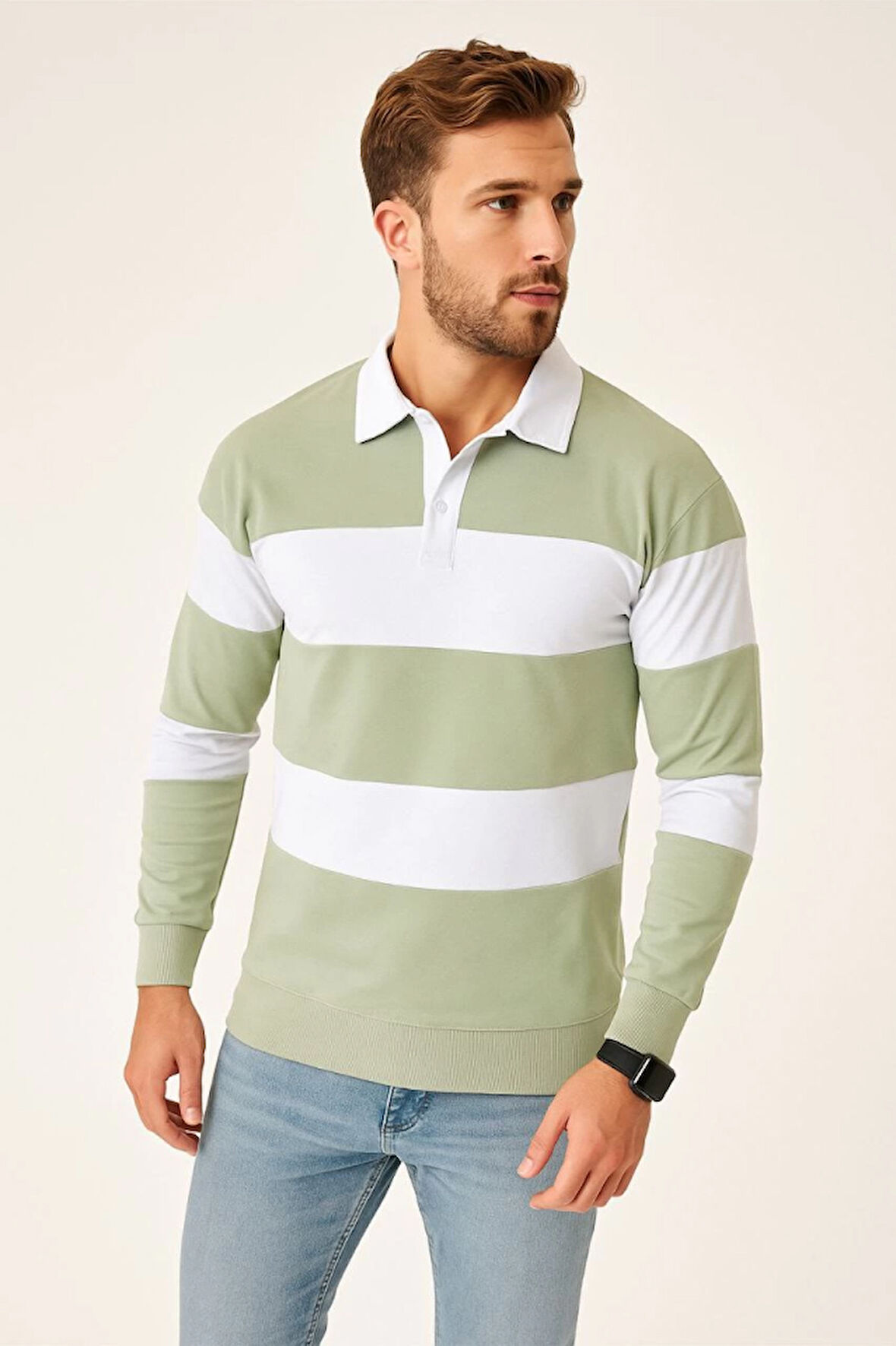 Erkek Polo Yaka Uzun Kollu Çizgili Sweatshirt Trend Rugby Stil - Mint Yeşili