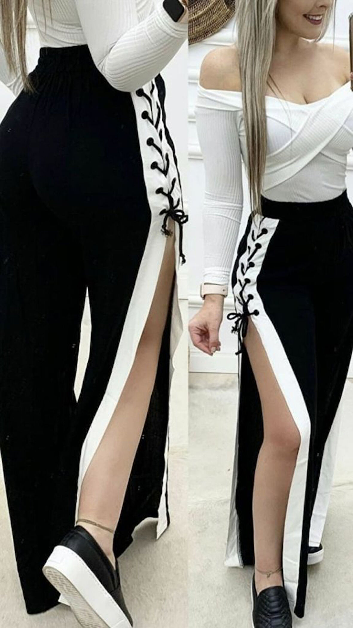 Kadın Yüksek Bel Yandan çapraz Bağcıklı Yırtmaçlı Viskon Iki Iplik Pantolon