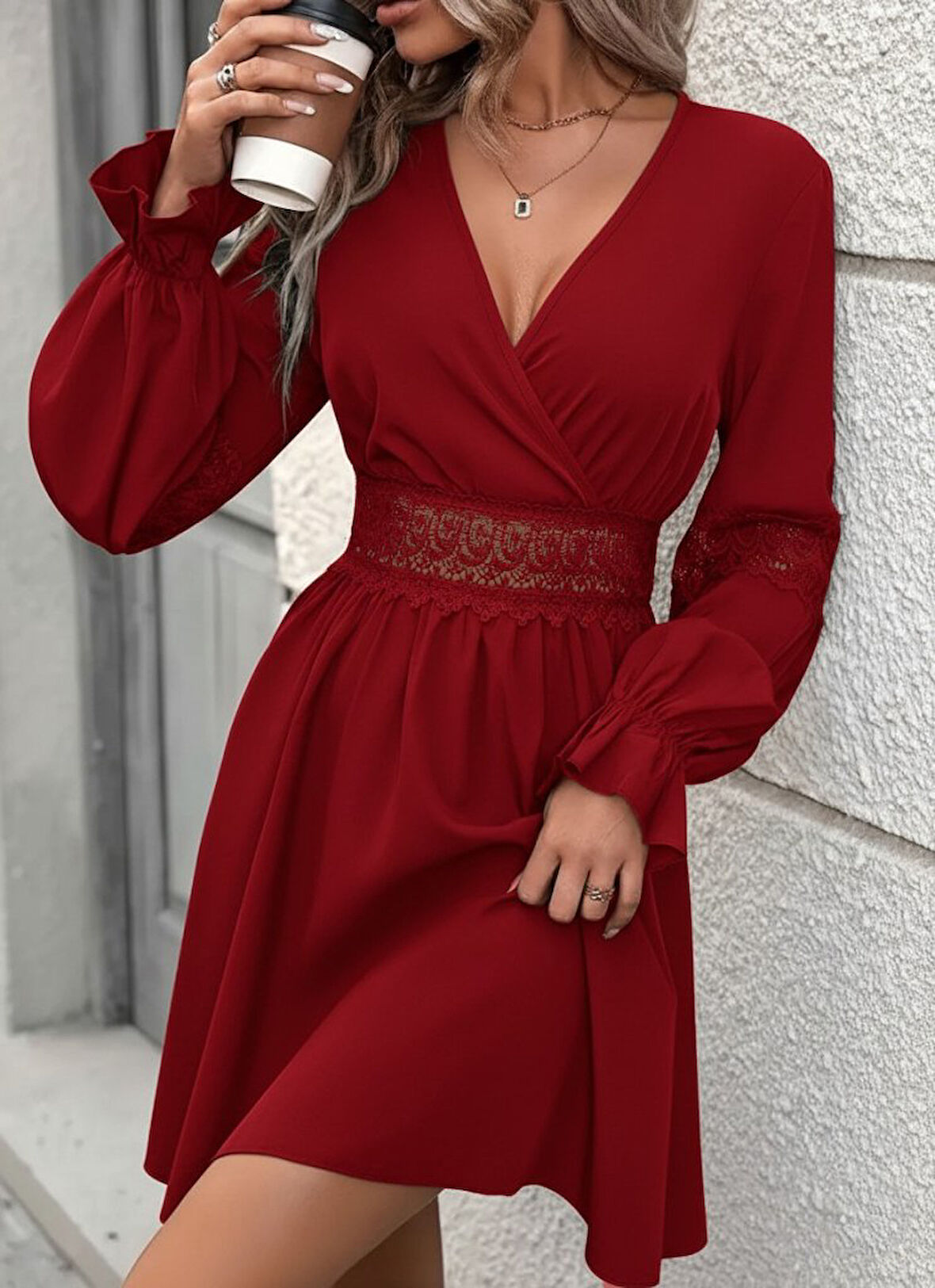 Kadın Uzun Kollu Kruvaze Yakalı Dantelli Fermuar Detaylı Mini Ithal Krep Elbise