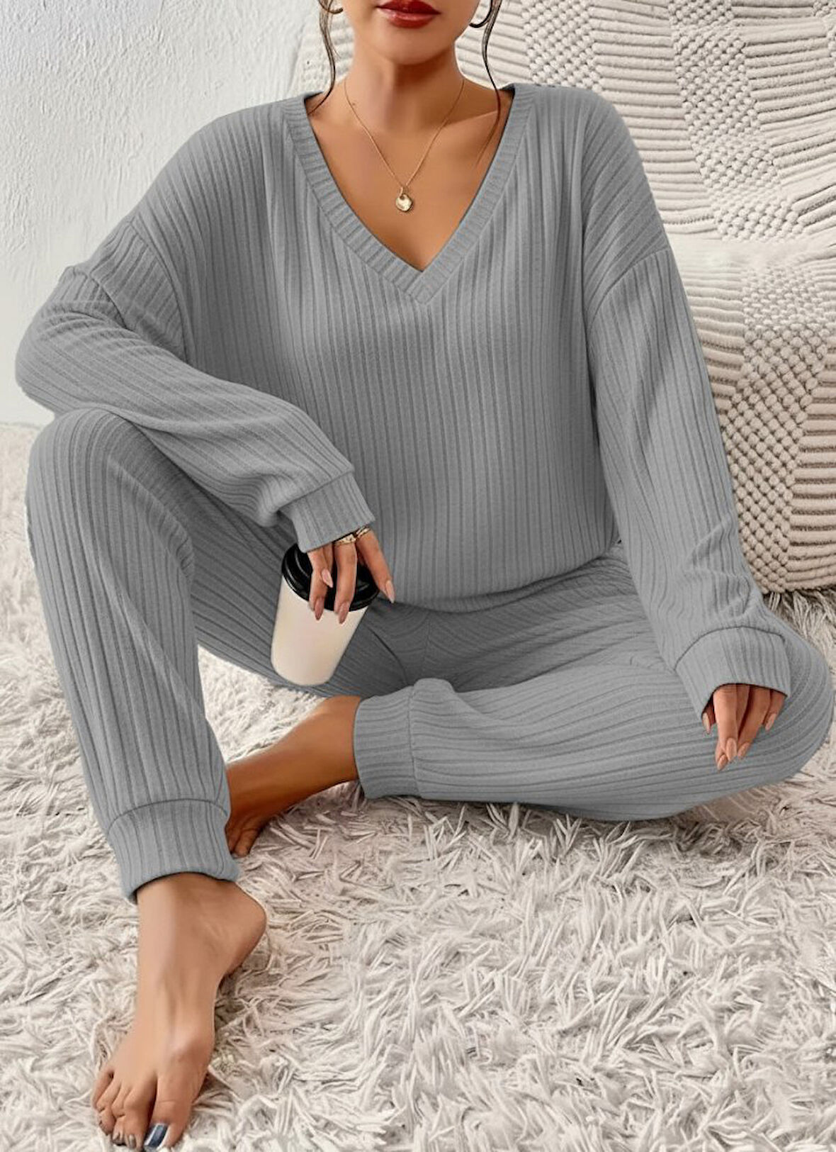 Kadın Uzun Kollu V Yakalı Kaşkorse Bluz Ve Pantolon Ikili Takım