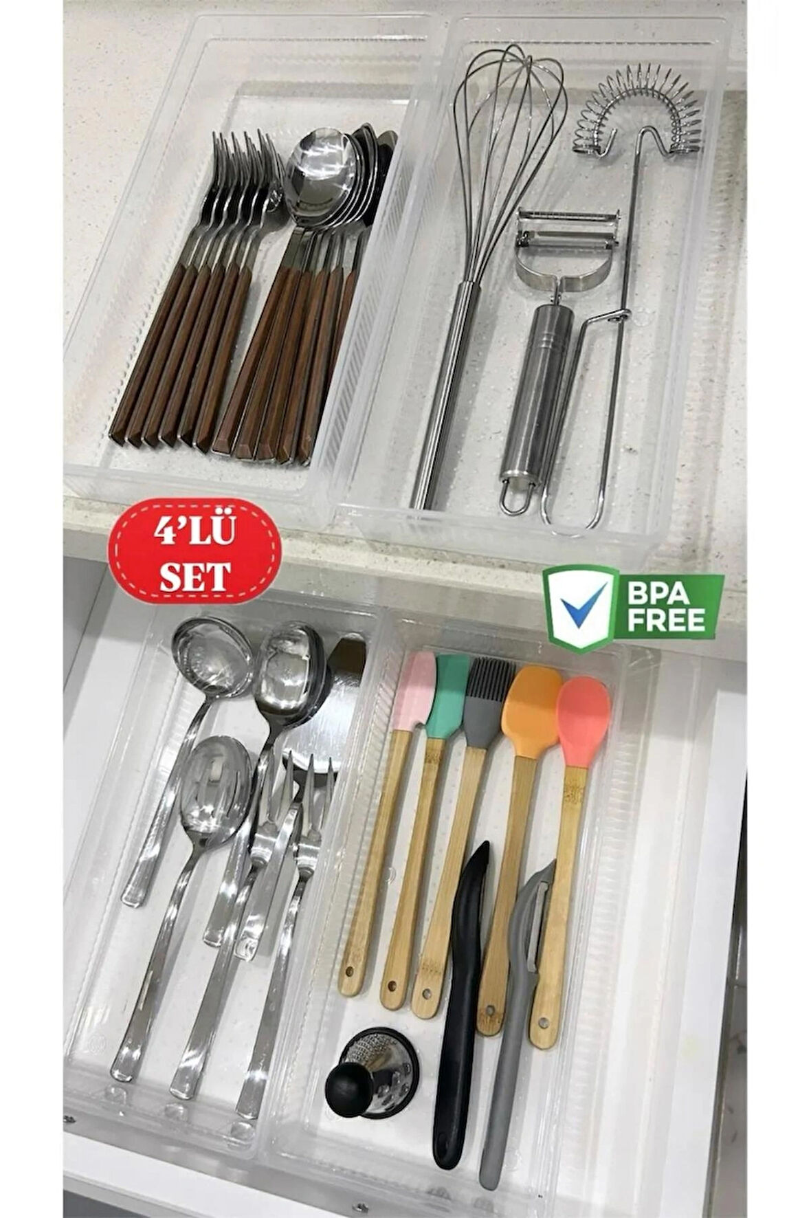 4 Adet Bade XL Çekmece İçi Bıçaklık & Kaşıklık Organizer Kepçe Spatula Düzenleyici Kutu
