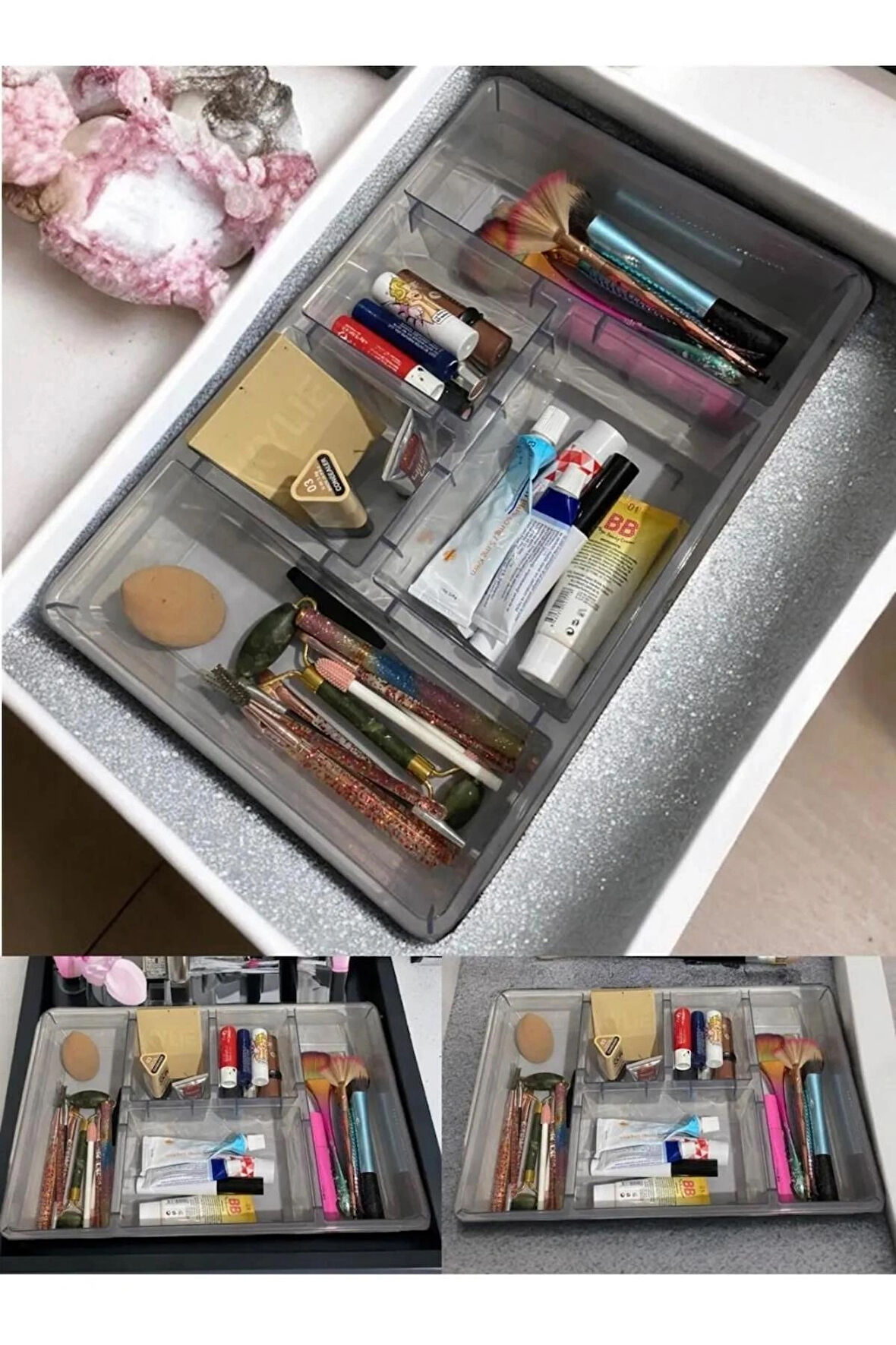 Luna Füme 5 Bölmeli Çekmece İçi Düzenleyici, Kapaklı Makyaj ,Takı Düzenleyici, Masaüstü Organizer