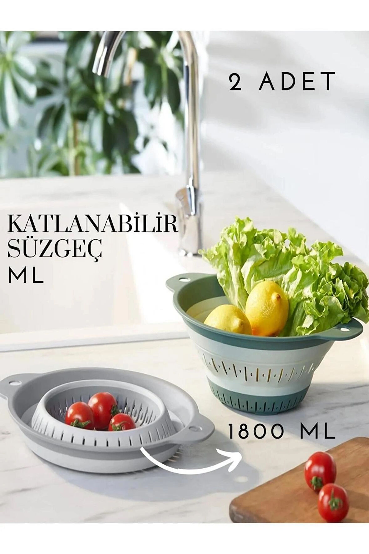 2 Adet Yuvarlak Katlanabilen Akordeon Süzgeç - 1800ml Makarna Süzgeci Sebze Yıkama