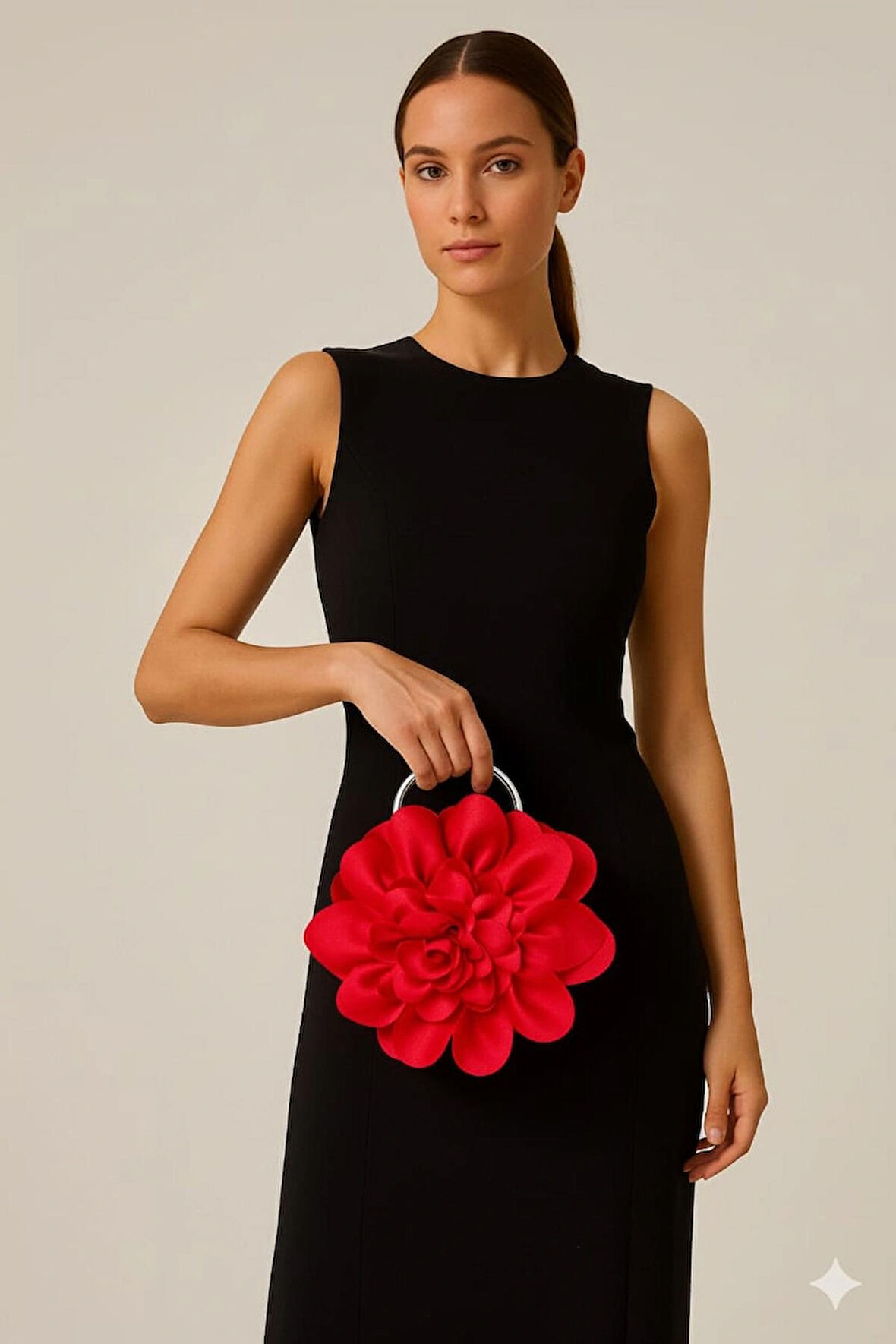 Kırmızı Kumaş Gümüş Metal Saplı Gül Çiçek Çanta El Çantası Aksesuar Abiye Günlük Şık Kadın Çantası