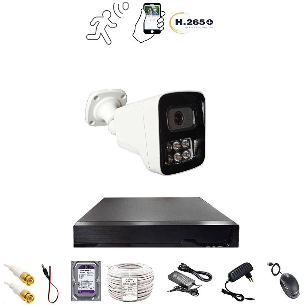 1 KAMERALI 6 WARM LEDLİ 5MP 3.6 SONY LENS GECE RENKLİ GÖSTEREN METAL KASA GÜVENLİK KAMERA SETİ