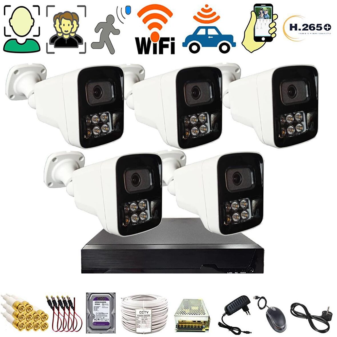 5 KAMERALI 6 WARM LEDLİ 5MP 3.6 SONY LENS GECE RENKLİ GÖSTEREN METAL KASA GÜVENLİK KAMERA SETİ