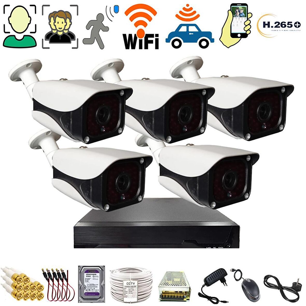 5 KAMERALI 36 IR LEDLİ METAL 5MP SONY LENS  KASA GÜVENLİK KAMERA SETİ