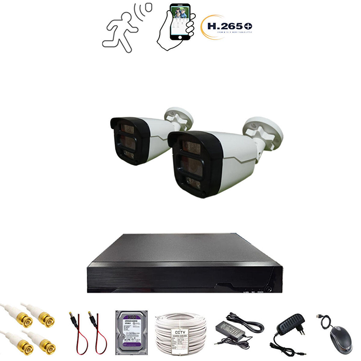 2 KAMERALI 4 WARM LEDLİ GECE RENKLİ GÖSTEREN 1080P PLASTİK KASA GÜVENLİK KAMERA SETİ