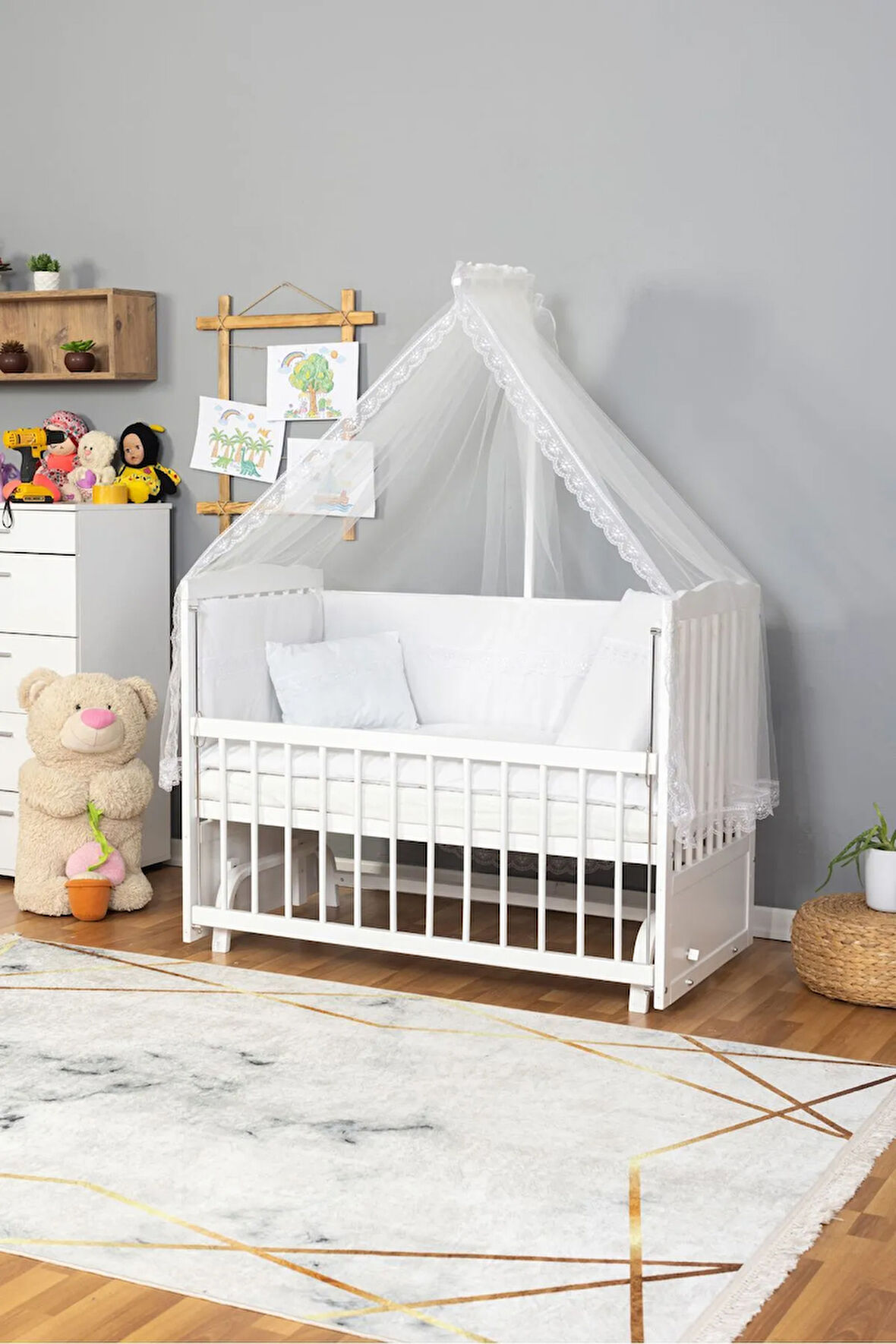 Ahşap Beşik Anne Yanı Beşik Beyaz 60x120 - Beyaz Güpür Uyku Seti Yatak