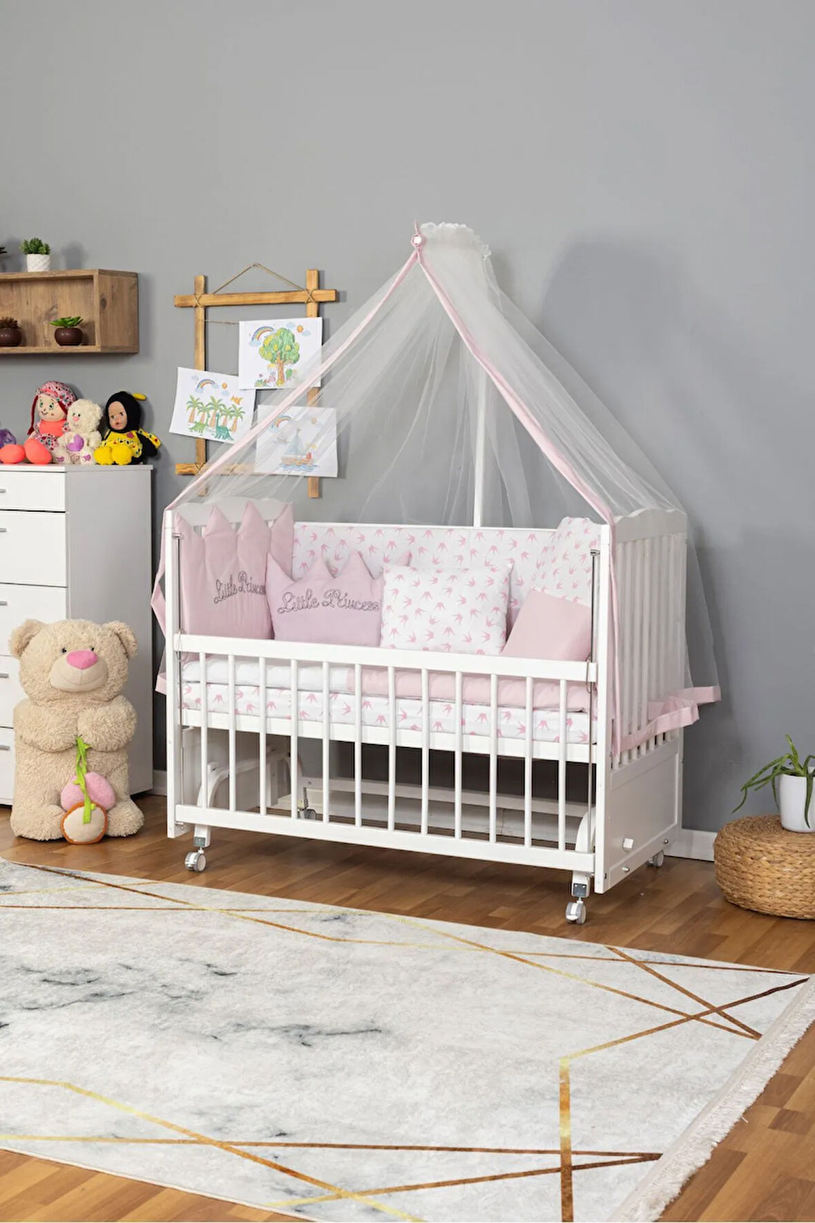 Ahşap Beşik Anne Yanı Beşik Beyaz 60x120 Pembe Prenses (KIZ) Uyku Seti Yatak Tekerlekli