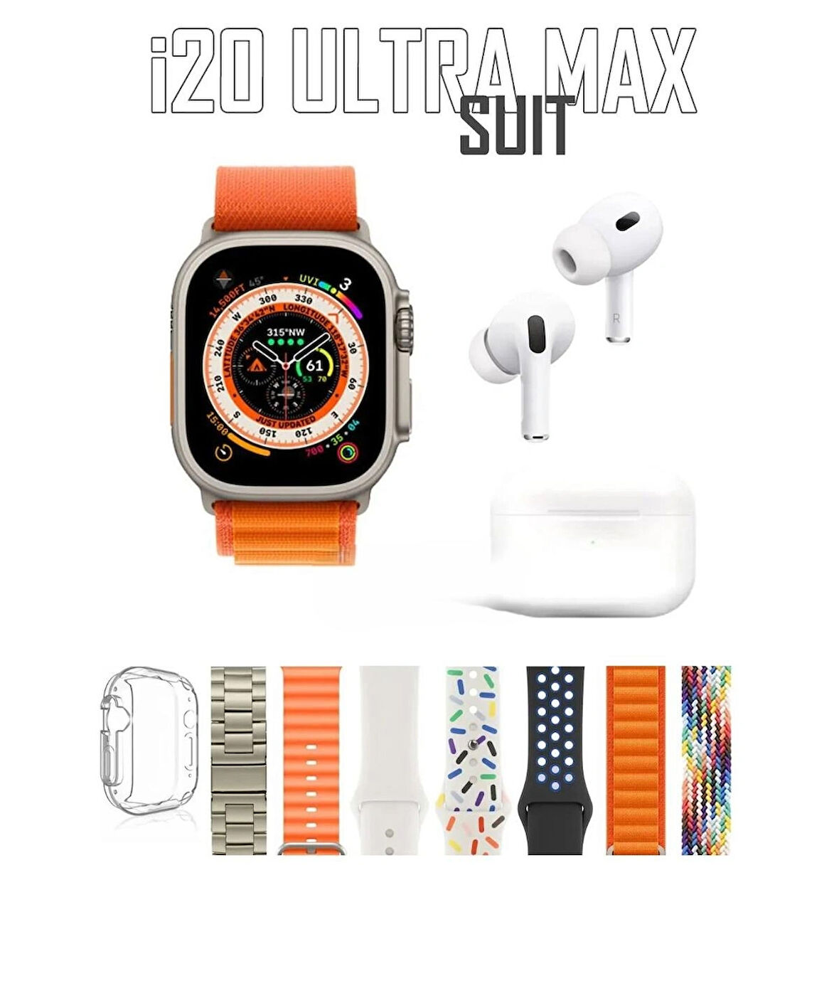 i20 ULTRA MAX Suit 49mm 2inç Ekran 7 Kordon + Air Pro + Kasa Koruyucu Watch 9 Ultra Akıllı Saat