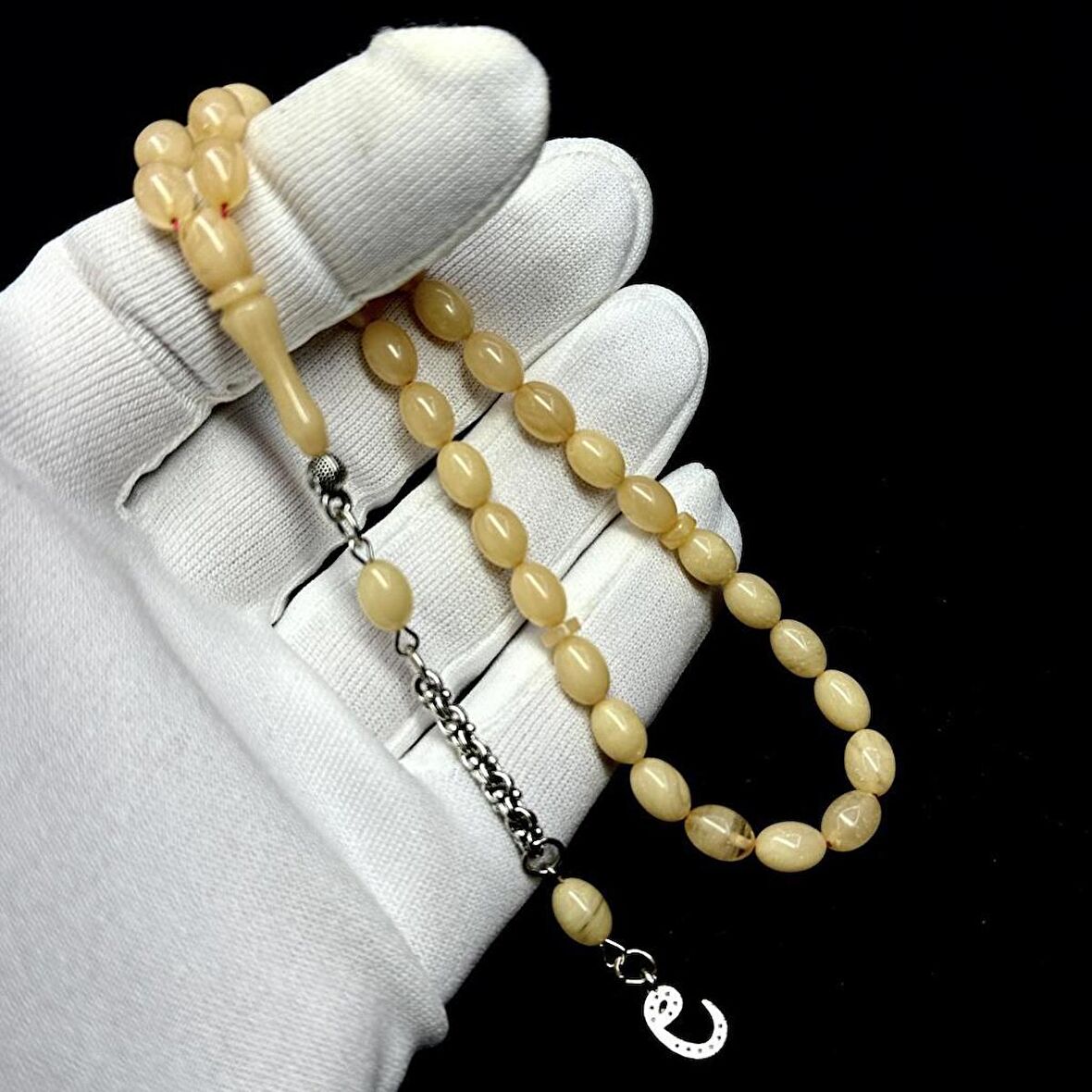 Badem Model Püsküllü 6-8mm Hareli Sıkma Kehribar Tesbih
