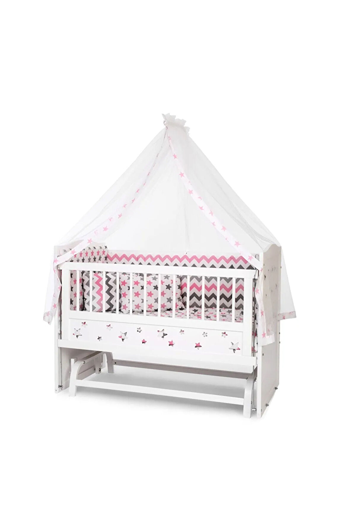 Ahşap Beşik Anne Yanı Beşik Beyaz 60x120 Pembe Yıldız Çift Yastıklı Uyku Seti Yatak