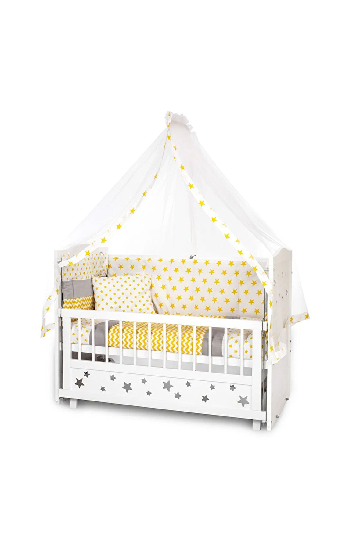 Ahşap Beşik Anne Yanı Beşik Beyaz 60x120 Sarı Yıldız Tek Yastıklı Uyku Seti Yatak