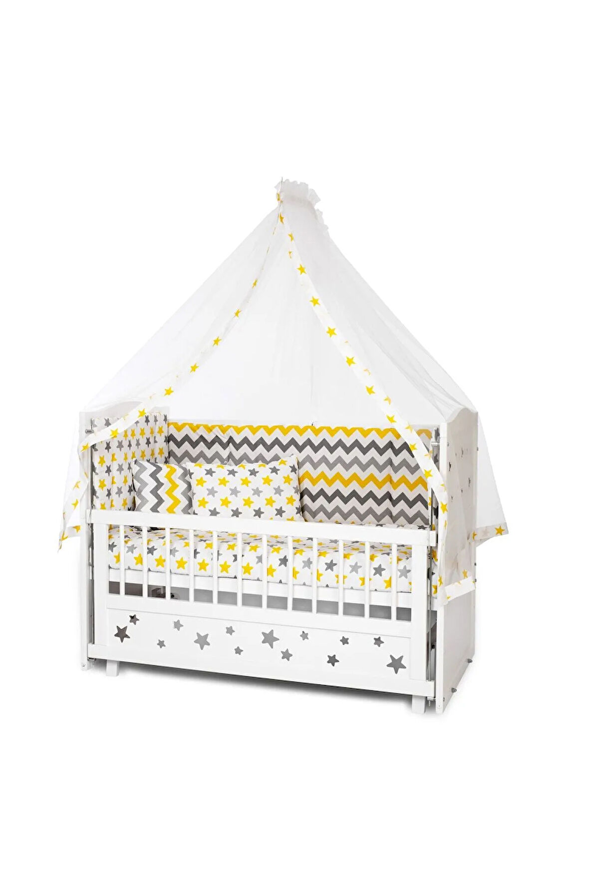 Ahşap Beşik Anne Yanı Beşik Beyaz 60x120 Sarı Yıldız Çift Yastıklı Uyku Seti Yatak