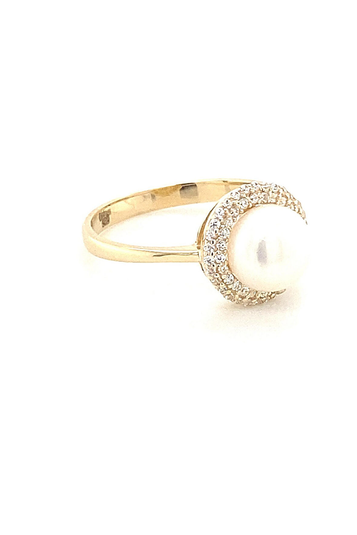 14 Ayar Altın 7 mm Zirkon Taşlı Doğal İnci Yüzük