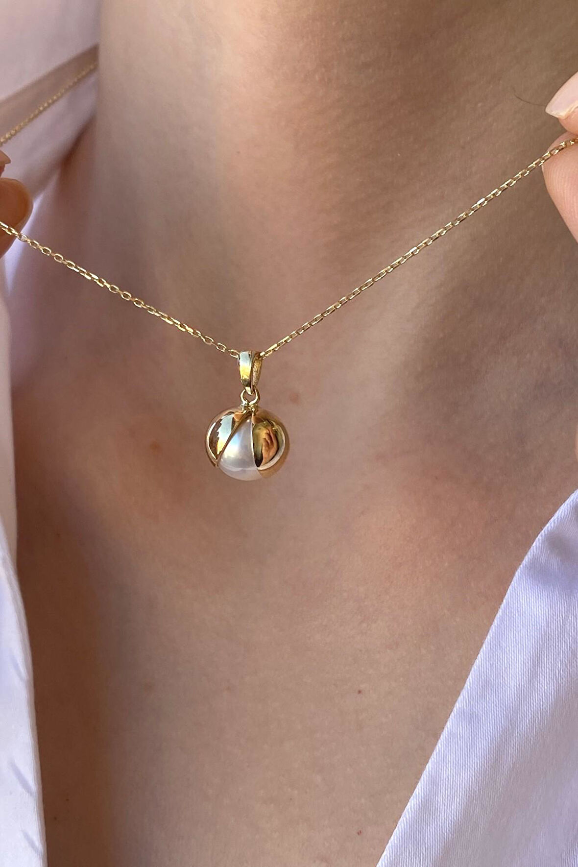 14 Ayar Altın 10 mm Doğal İnci Küpe Kolye Yüzük Üçlü Set