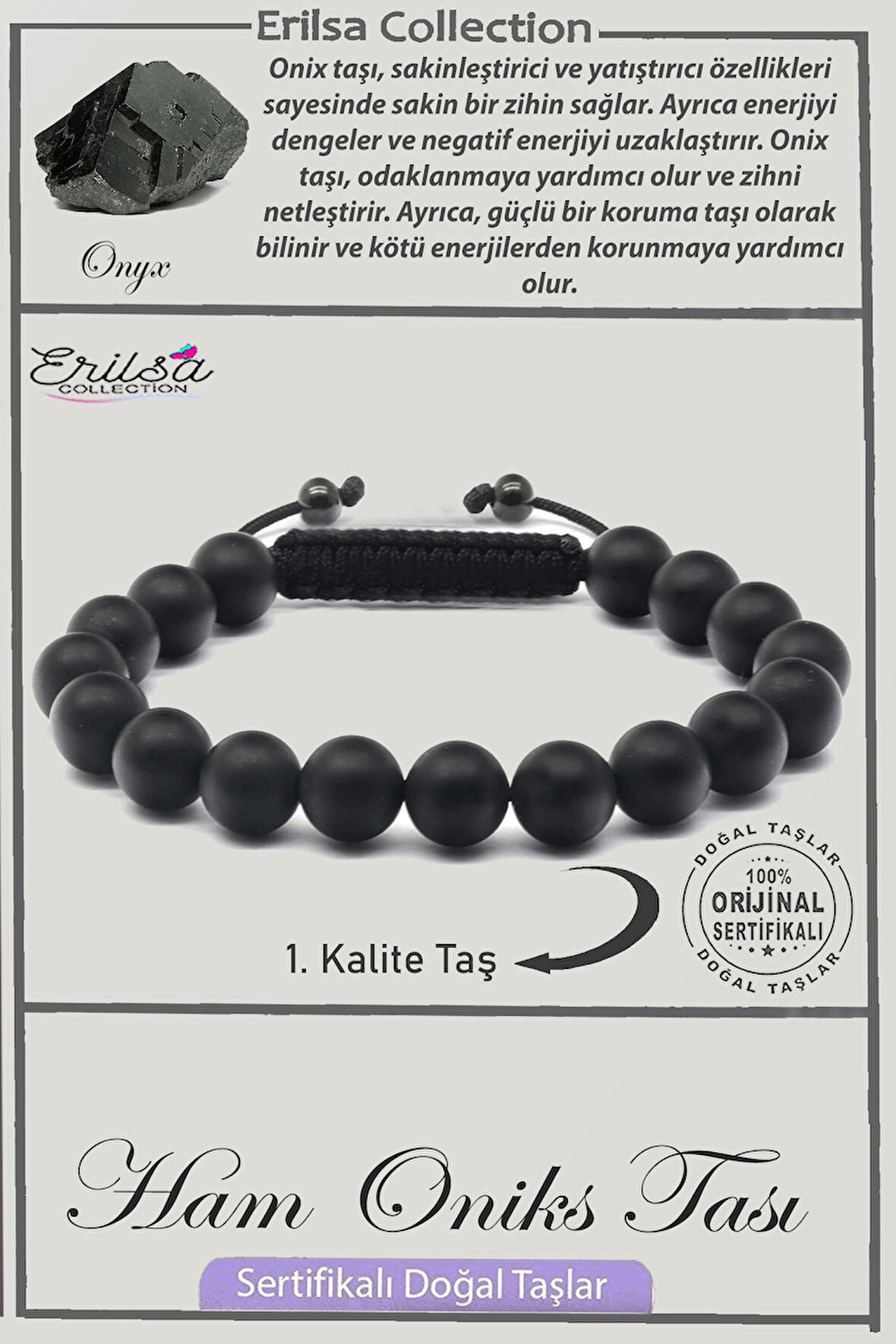 Sertifikalı Ham İşlenmemiş AAA+ Kalite Gerçek Oniks Taşı Bileklik