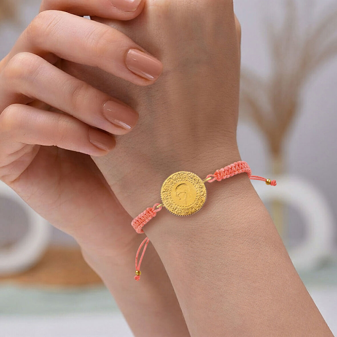 Gekas Kuyumculuk 22 Ayar Yeni Yarım Altın Açık Pembe Renkli İpli Bileklik