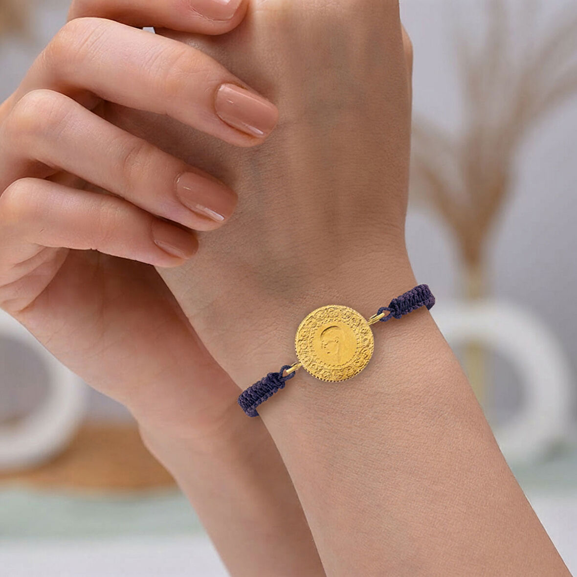 Gekas Kuyumculuk 22 Ayar Yeni Yarım Altın Mor Renkli İpli Bileklik