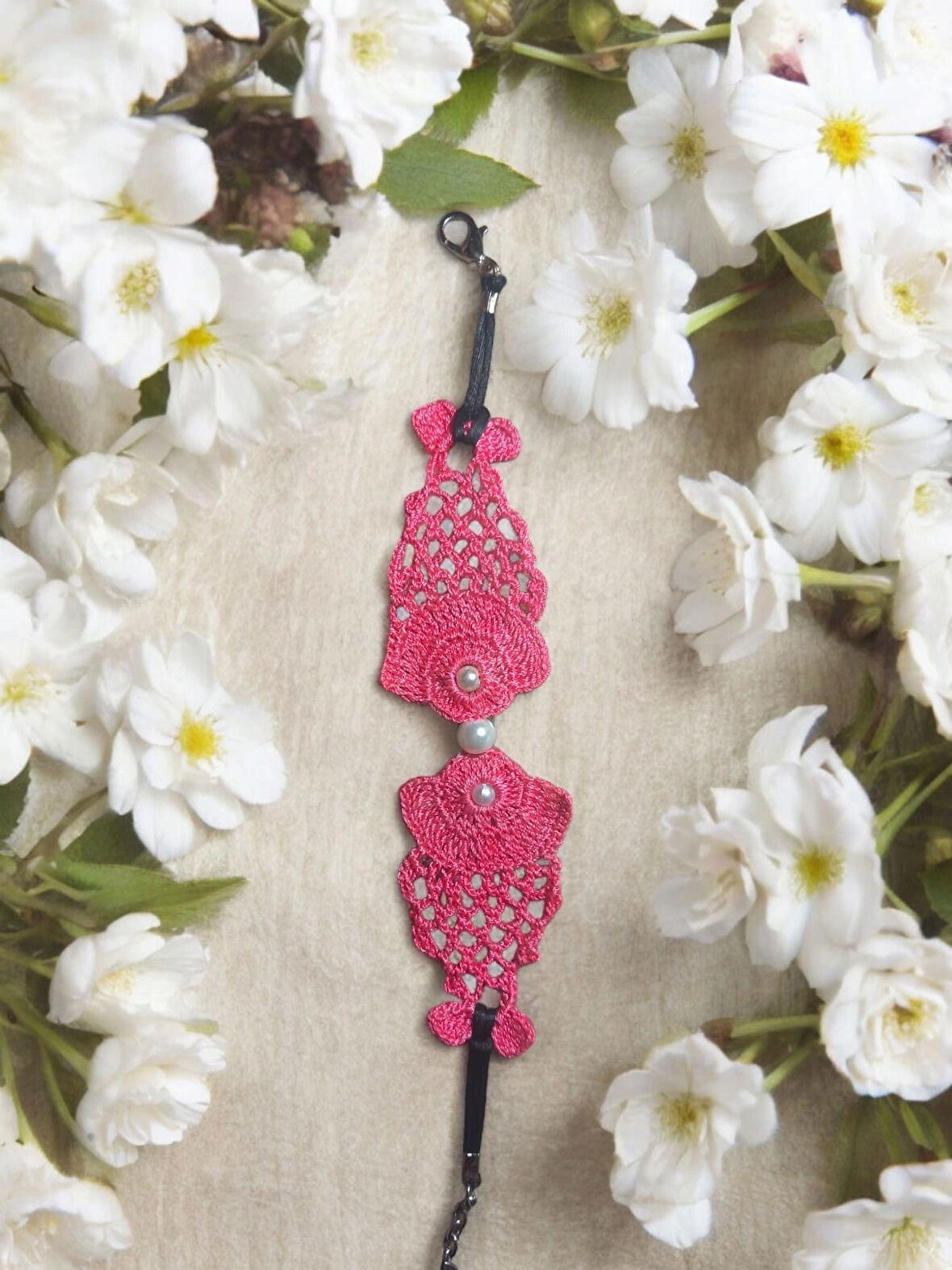 El Yapımı Etnik Otantik Aesthetic Soft Vibes Vintage Doğal İnci Boncuklu Hediyelik Koyu Pembe Renk Balık Bileklik