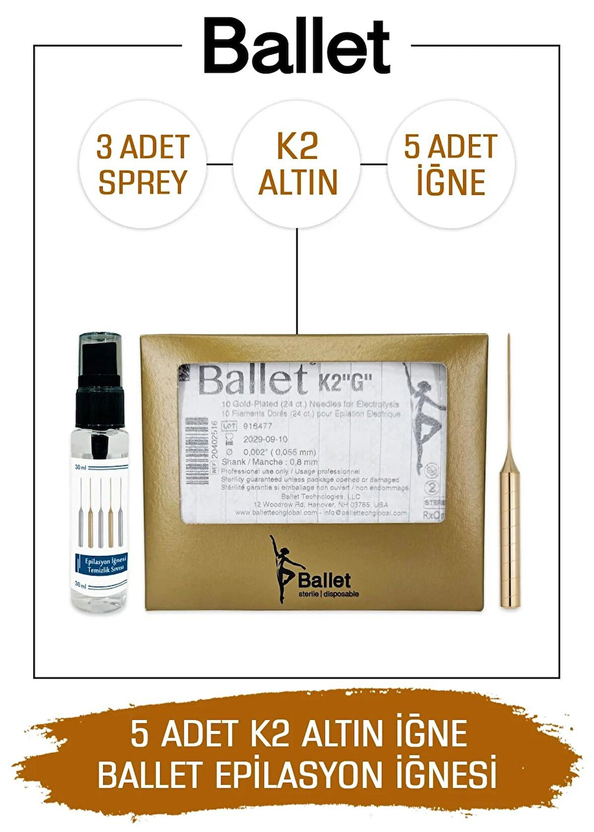 Ballet 5 Adet K2 Altın Epilasyon Iğnesi Orijinal K2 Gold Iğne